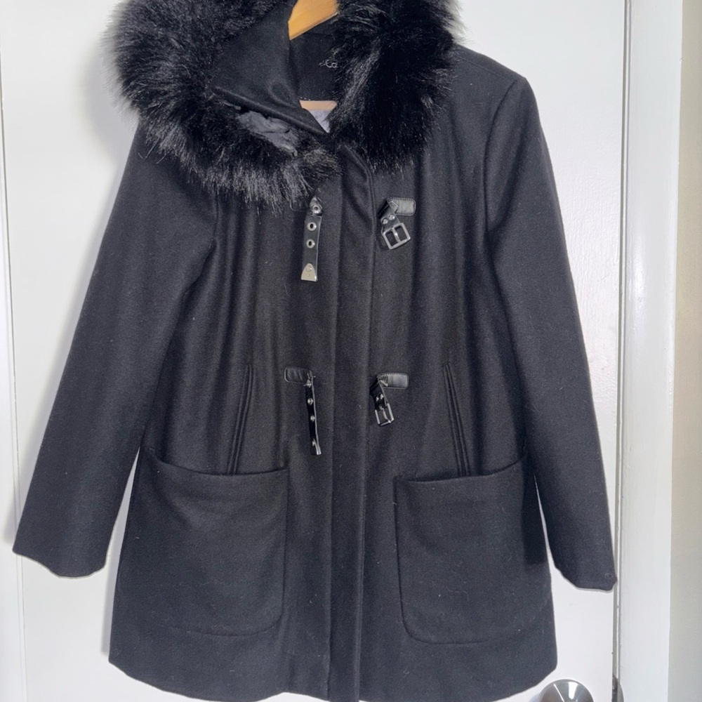 Calvin Klein Black Pea Coat with Faux Fur Hood Size M